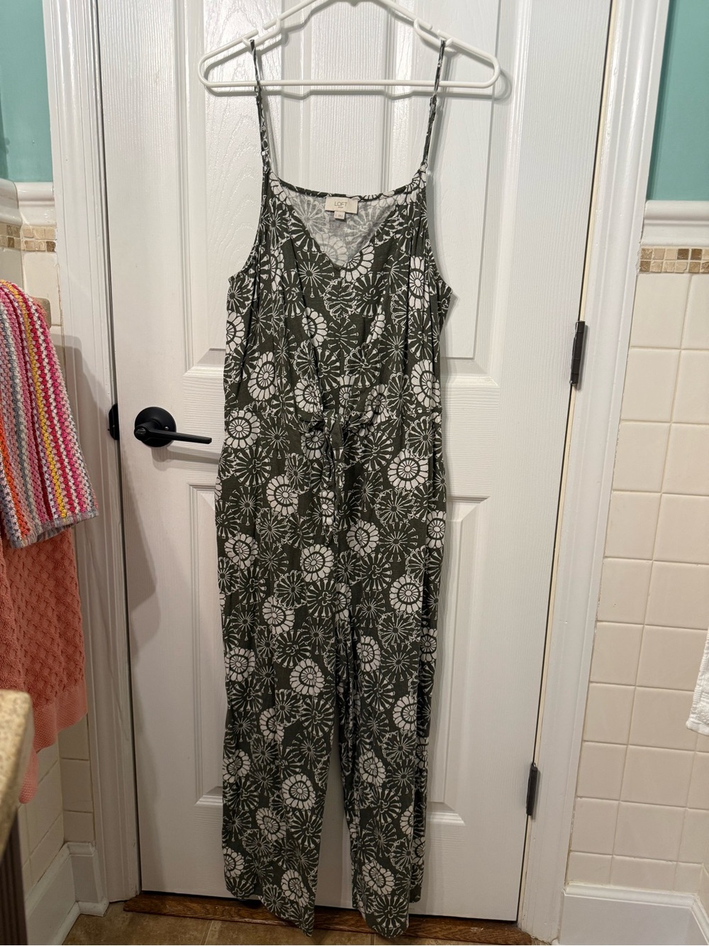 LOFT Olive Green Floral Tie-Waist Spaghetti Strap Jumpsuit